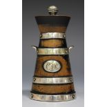 A Victorian plate mounted ebonized turned wood novelty pepper mill in the form of a coopered