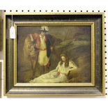 British School - Soldier and Lady, oil on canvas, 24cm x 31cm, within a stained and gilt frame.