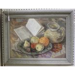 British School - Still Life with Jug, Bowl of Fruit and Open Book, 20th century watercolour and