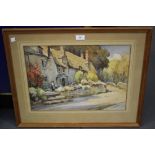 Gwen Bowen - Figure outside a Country Cottage, watercolour, signed, 33cm x 46.5cm, together with