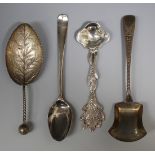 A George III silver caddy spoon with leaf shaped bowl, spiral handle and ball terminal, Birmingham