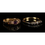 An 18ct gold, amethyst and diamond ring, mounted with three cushion shaped amethysts alternating