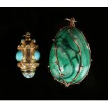 A gold mounted malachite egg shaped pendant, the mount with beaded decoration, length 6cm, and a