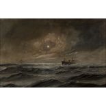 Edward Hoyer - Moonlit Marine View with a Steamship, oil on canvas, signed, 51cm x 76cm, within a