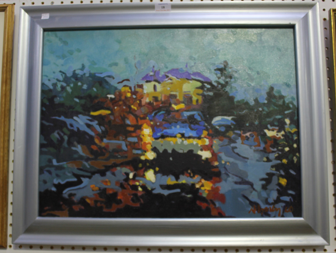 A.J. Glanley - 'Towards the Crown', late 20th century oil on canvas, signed recto, label verso, 44cm