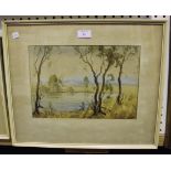 Ernest Vogel - Australian Landscape with Lake and Fisherman, watercolour, signed, 22cm x 32cm,