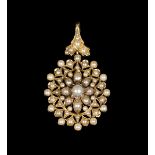 A gold, seed pearl and rose diamond oval pendant, the centre with the principal cultured pearl