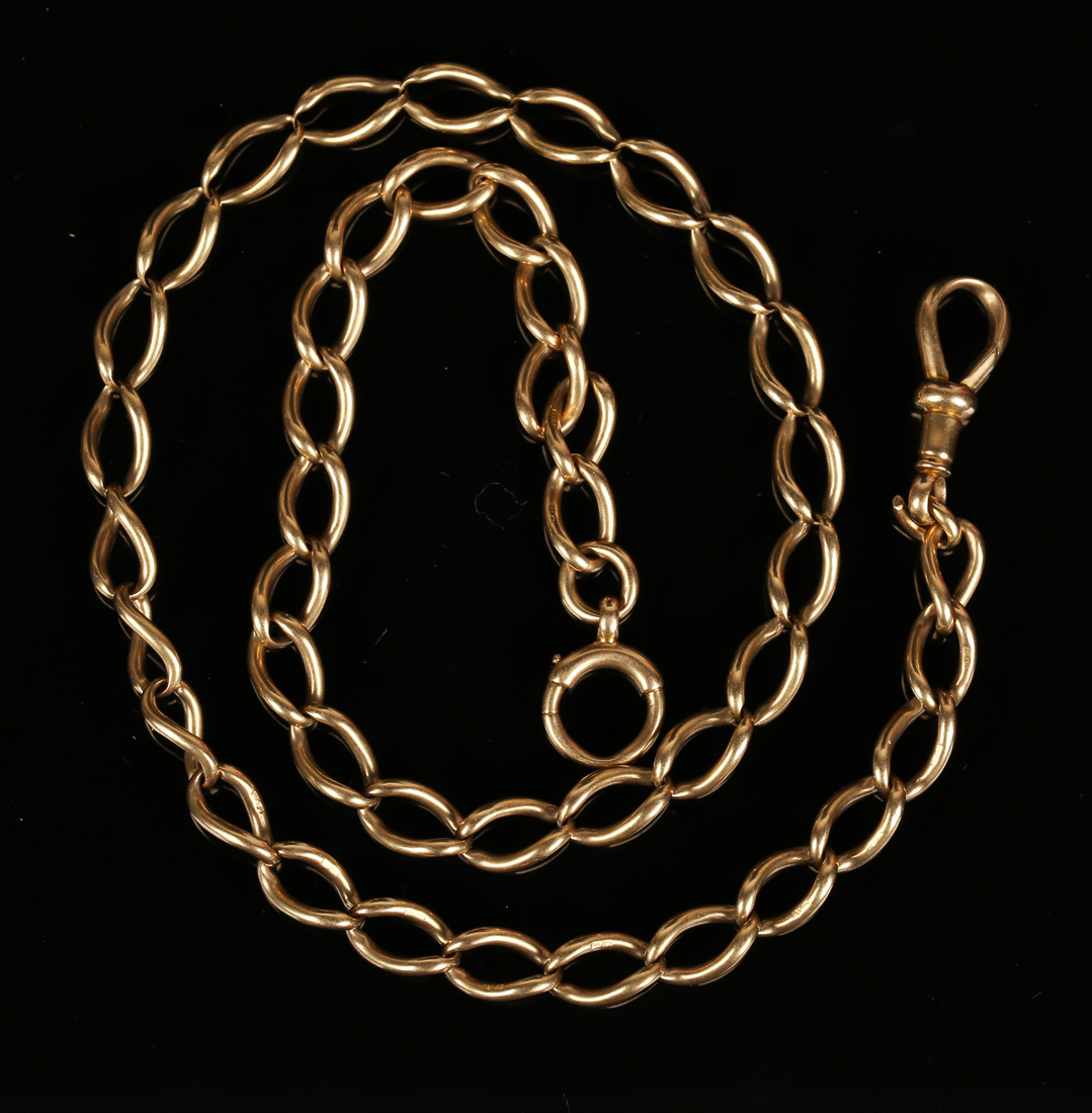 An 18ct gold curblink watch Albert chain, fitted with an 18ct gold swivel and a boltring, length