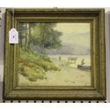 James Grant Leckie Ewing - Landscape with Cattle, Figure and Boat, watercolour, signed, 21cm x 24cm,