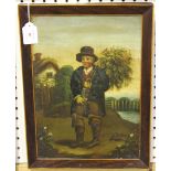 British School - Rustic Figure in a Landscape, 19th century oil on tin, 35cm x 24cm, within a