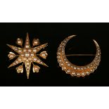 A gold and seed pearl brooch, designed as a six-pointed star alternating with six flower motifs,