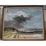 Patrick Boswell - View across Ploughed Fields towards Cottages and an Estuary, 20th century oil on