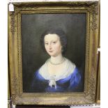 British School - Portrait of a Lady in a Blue Dress with White Shawl and Pearl Necklace, oil on