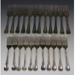 A part canteen of silver Old English pattern cutlery, comprising twelve dessert spoons, soup