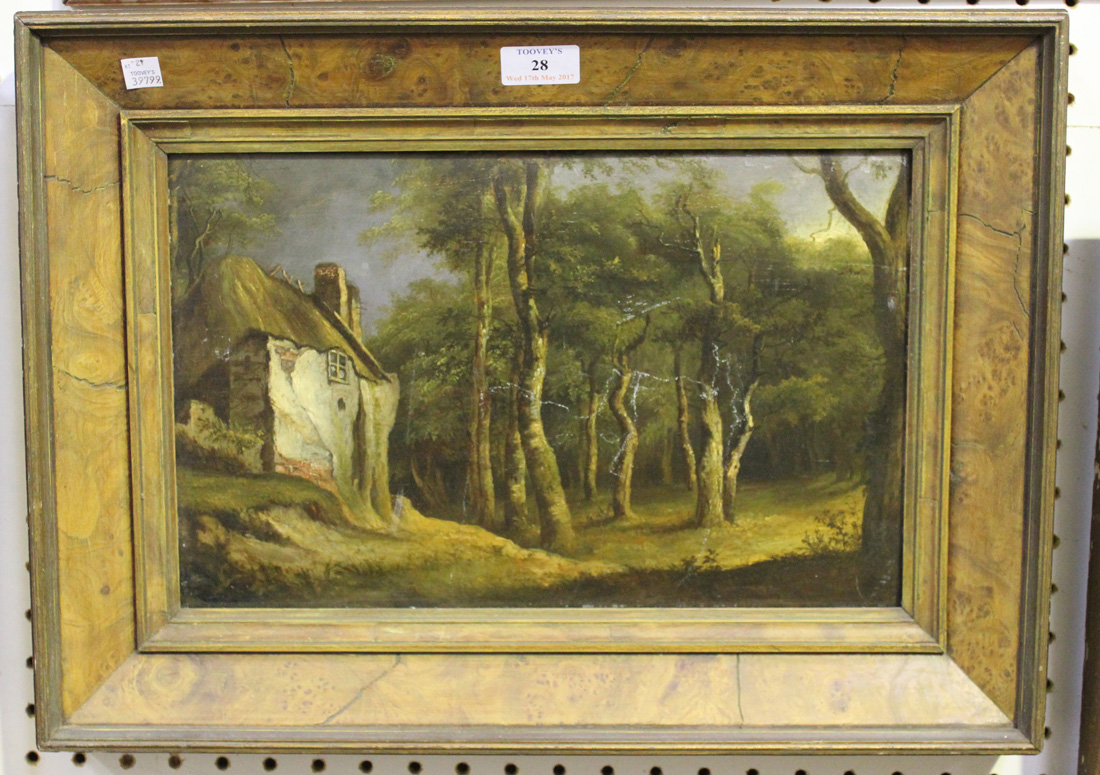 British School - Cottage in a Woodland Clearing, late 18th century oil on oak panel, 23.5cm x