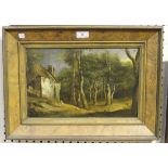 British School - Cottage in a Woodland Clearing, late 18th century oil on oak panel, 23.5cm x