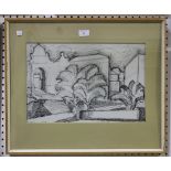 British School - Palm Trees within an Architectural Setting, mid-20th century pen and ink drawing,