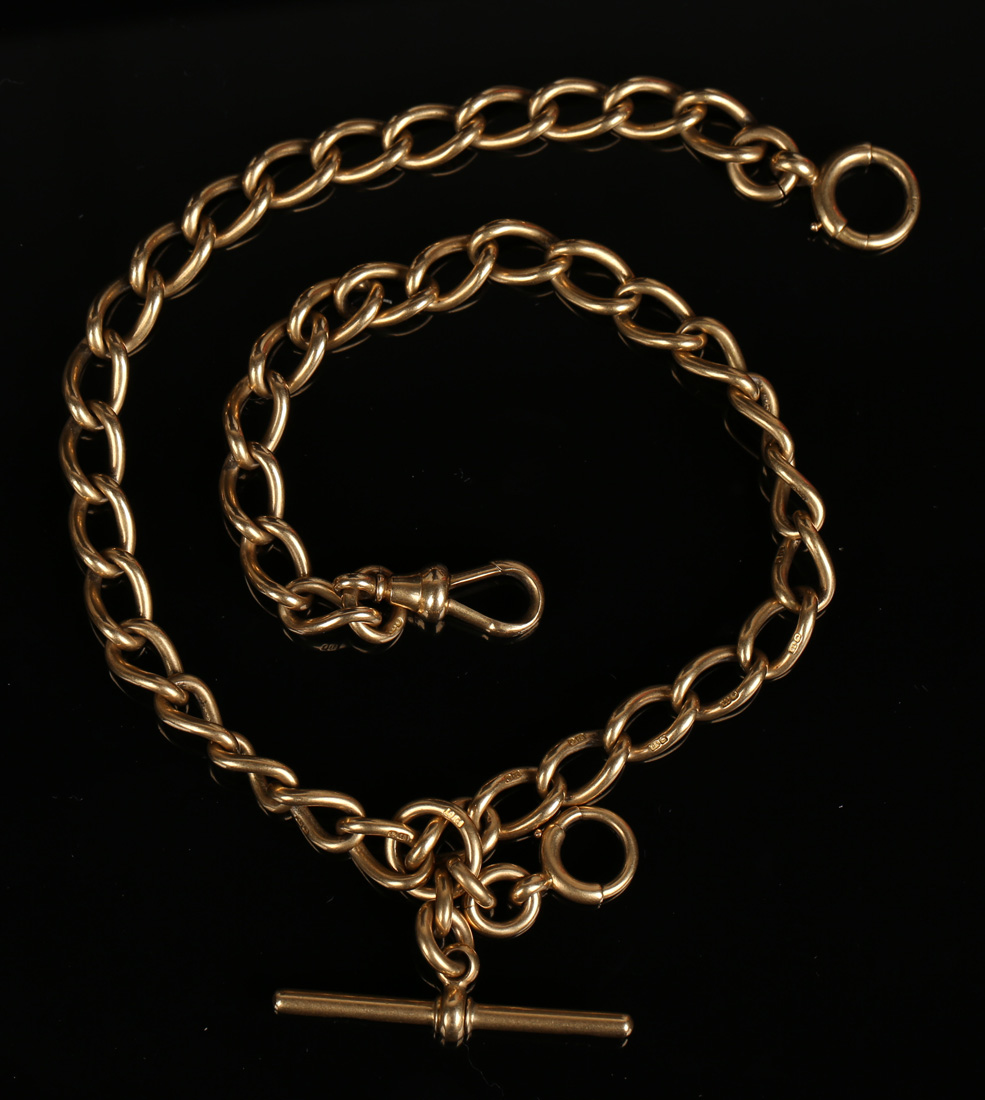 An 18ct gold uniform curblink watch Albert chain, fitted with an 18ct gold T-bar, an 18ct gold