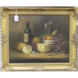 Raymond Campbell - Still Life with Cheese, Bread, Fruit and a Bottle of Wine, late 20th century