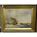 J.W., British School - Dutch Boats in a Breeze off the English Coast, oil on canvas, signed with