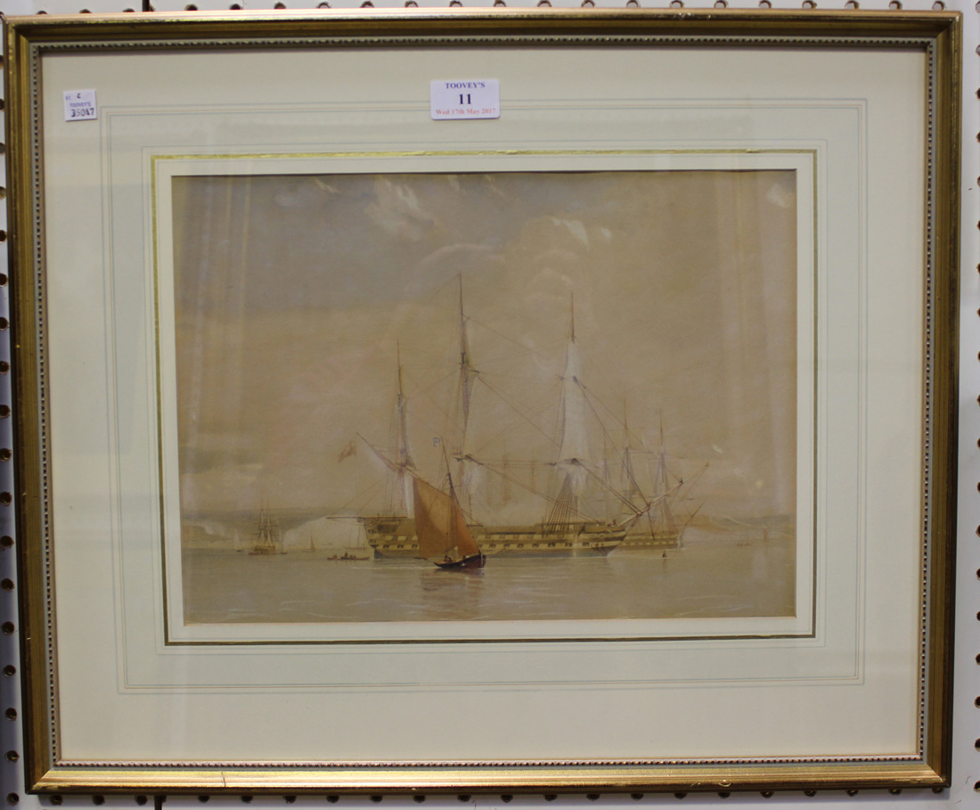 Attributed to William Frederick Settle - Sailing Ships in Calm Coastal Waters, watercolour over