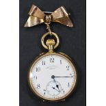 A gold cased keyless wind open-faced lady's fob watch, with an unsigned gilt jewelled lever