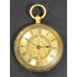 An 18ct gold key wind open-faced lady's fob watch, with unsigned lever movement, the case interior