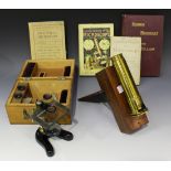 A late 19th century lacquered brass monocular field microscope, the cylindrical tube attaching to