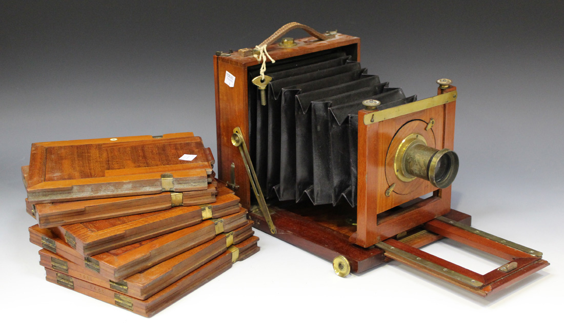 A late 19th century Perken, Son & Rayment 'Optimus' mahogany and lacquered brass folding plate