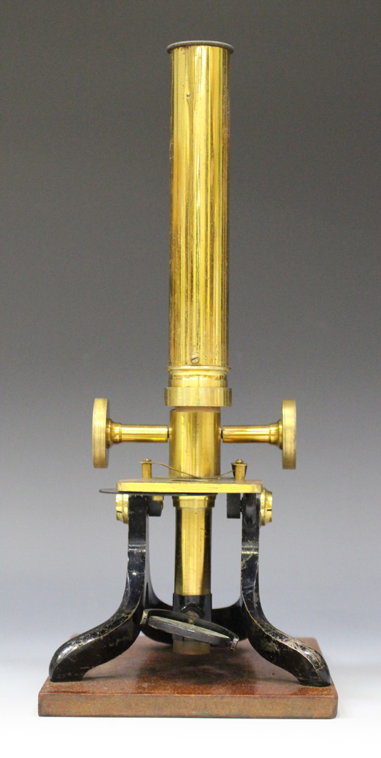 A late 19th century lacquered and black enamelled brass monocular microscope, unsigned, with rack - Image 3 of 3