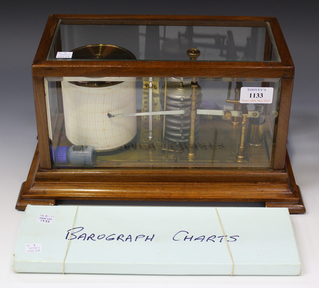 An early 20th century walnut cased barograph with lacquered brass mechanism and fittings,