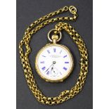 An 18ct gold cased keyless wind open-faced lady's fob watch, with lever movement, the case back