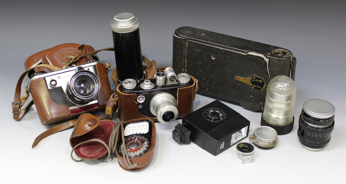 A Corfield Periflex camera with Lumar f=50mm 1:3.5 lens, leather cased, a Corfield Periflex gold