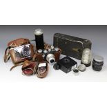 A Corfield Periflex camera with Lumar f=50mm 1:3.5 lens, leather cased, a Corfield Periflex gold
