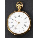 A gold and enamelled cased keyless wind open-faced lady's fob watch, with a gilt cylinder