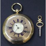 A Victorian 18ct gold keywind half-hunting cased pocket watch, with a gilt three-quarter plate fusee