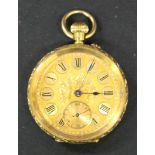 An 18ct gold keyless wind open-faced lady's fob watch, with unsigned lever movement, the case