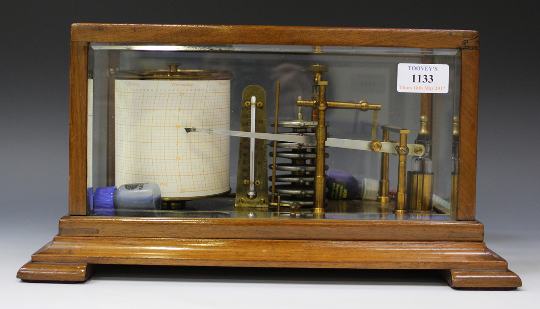 An early 20th century walnut cased barograph with lacquered brass mechanism and fittings, - Image 3 of 3