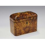 A Regency tortoiseshell veneered tea caddy, the domed lid hinged to reveal two lidded