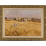 John Haskins - 'Harvest at Meppershall, Beds', late 20th century oil on board, signed recto,