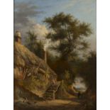 Caleb Robert Stanley - Figures on a Country Lane near a Cottage, oil on panel, signed and dated