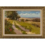 John Haskins - 'Country Path', late 20th century oil on board, signed recto, titled label verso,