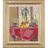 Martin Paterson - Still Life with Fruit, Flowers, Kettle and Jars, 20th century oil on canvas laid