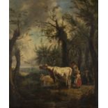 Attributed to William Shayer - Mother and Child with Cattle at the Water's Edge, oil on panel,