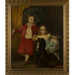 Continental School - Portrait of Two Children with a Begging Dog, oil on canvas, indistinctly signed