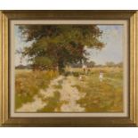 John Haskins - 'Country Walk', late 20th century oil on board, signed recto, titled label verso,