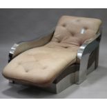 A modern polished metal and brown leather chaise-longue, the buttoned squab seat flanked by