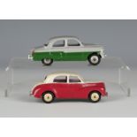 Two Dinky Toys duo coloured cars, comprising a No. 159 Morris Oxford, finished in cerise and