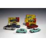 Five Dinky Toy cars, comprising a No. 130 Ford Consul Corsair, a No. 139 Ford Consul Cortina, a