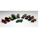 Ten Dinky Toys vehicles, comprising a pre-war Dinky Toys No. 25e tipping wagon, type two, finished